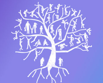 A white tree on a purple gradient background with human figures surrounding the tree