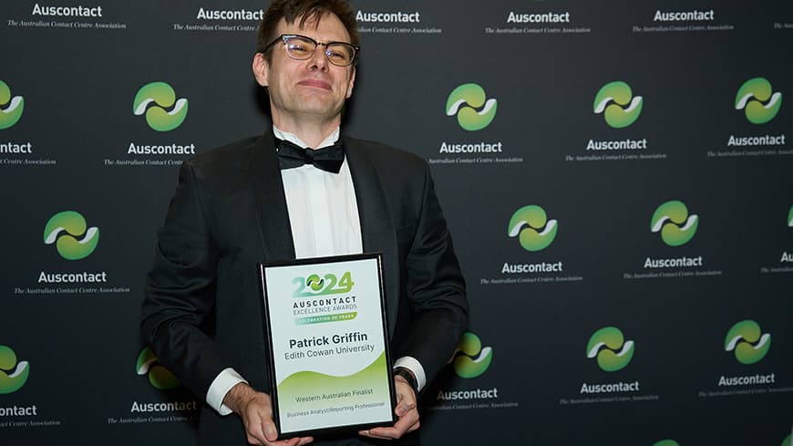 ECU staff member Patrick Griffing proudly holding his certificate as finalist of the WA Ausconact Awards Customer Contact Professional 2024