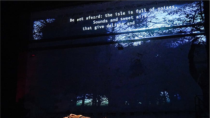 A theatre performance, the stage is dark and there are shadows of trees projected on the wall with text.