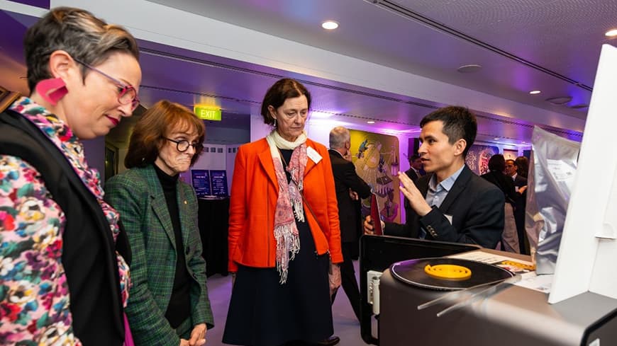 Dr Liezhou Zhong explains the 3D food printer to Australia’s Chief Scientist, Dr Cathey Foley, the Director of the ANU Tech Policy Design Centre, Professor Johanna Weaver and CEO of Internet Association of Australia, Narelle Clark