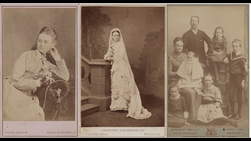 Three portraits old sepia toned photographs in a row, young woman sitting on a chaise lounge in late 1800s white high-collared dress, with long wavy hair, next her as a bride standing at the base of a staircase, next a family portrait woman sitting with a baby on her lap, two children at her feet and her husband standing behind her with older children