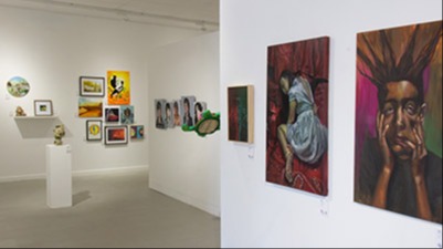 Various painted and sculptured artworks in gallery space