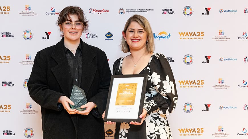 Molly McKenna with Angela Brynjulfsen, Manager of Youth Services at Parkerville Children and Youth Care. Image credit: Sypha Photography.