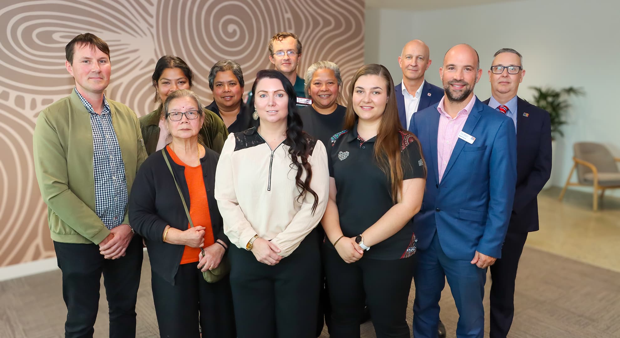 Scholarship Family members John McLoughlin, Gaayathri Thiru and Shanthi Tamilkodi, with Clinical Hub Paramedic Daniel Sutorious, Vas Tamilkodi, St John Group CEO Kevin Brown, ECU Associate Dean Dr David Reid, with Pospa Marimathu, and scholarships winners Renee Fury and Kaitlyn Barrow with ECU Development Manager Ferdi Fourie