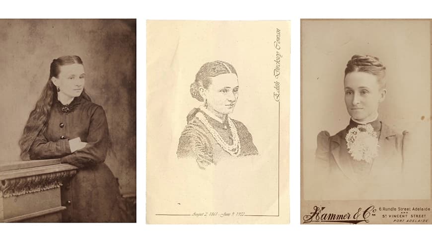 Three portraits, old sepia toned images in a row, young woman standing leaning on a half wall in late 1800s black high-collared dress, with long wavy hair, next an illustration of her in profile with hair pulled back in a bun and strings of pearls, next slightly older portrait of woman in light high collared dress with ornate lace cravat and hair swept up in braided bun