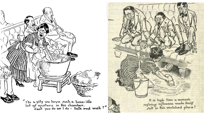 Two old fashioned press cartoons depicting caricatures of a washer woman scrubbing in the middle of the men sitting in parliament