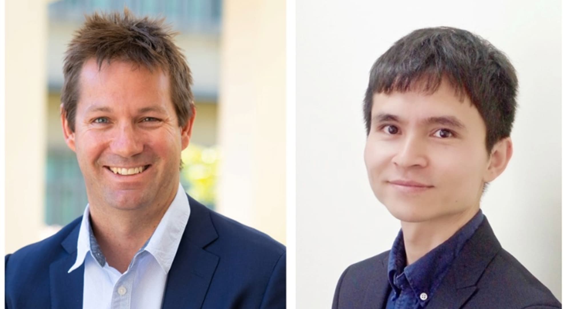 Two head-and-shoulders portrait photographs, man on left in light blue shirt navy jacket light brown short spikey hair, man on right three-quarter stance, dark hair, dark blue shirt with white buttons and navy jacket