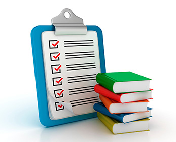 A graphic depicts a checklist next to a stack of books.