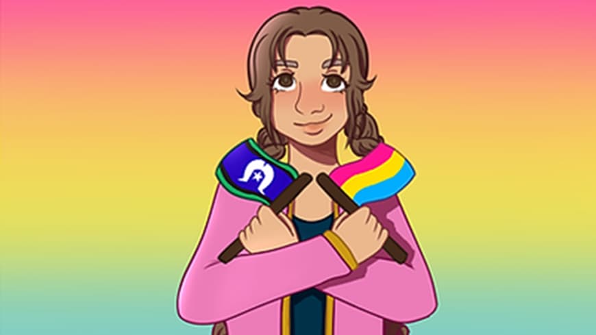 Artwork cartoon of young person holding a Torres Straight Islander Flag and a pansexual flag