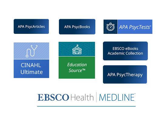 A collage of graphics depicts some of the main databases on the EBSCOhost platform.