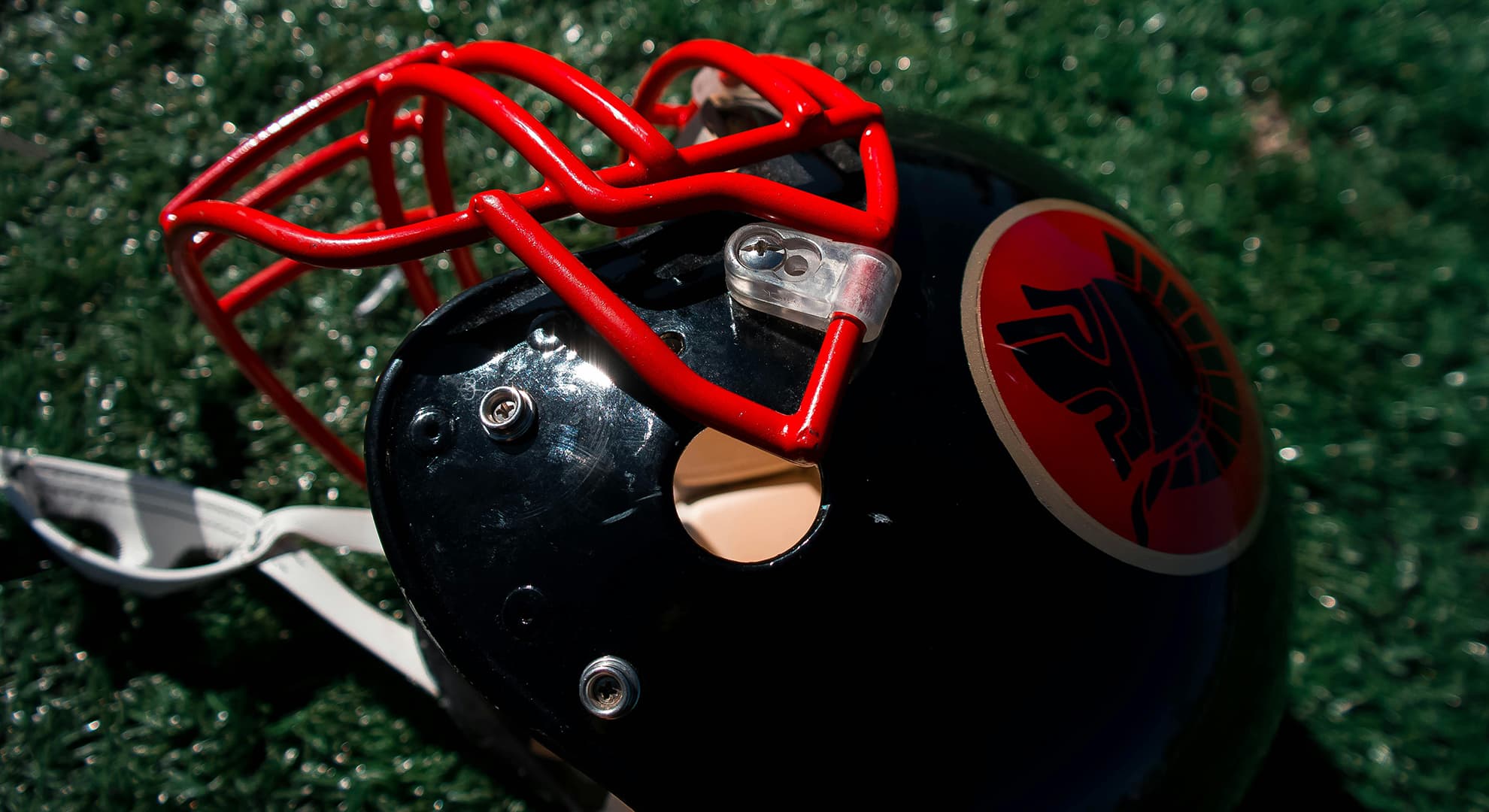 Helmet lying on green grass.