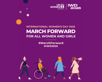 A purple graphic for International Women’s Day 2025 featuring the theme March Forward. The image shows diverse women, including one using a wheelchair, walking forward together. The hashtags #MarchForward and #IWD2025 are displayed.