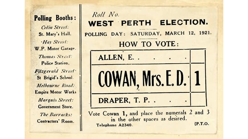 Photograph of old voting card - vote 1 for Cowan from 1921